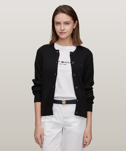 TOMMY HILFIGER（トミーヒルフィガー）の「ケーブルクルーネックカーディガン（ニット/セーター・レディース・ブラック/アイボリー/ネイビー/オレンジ/アイボリー系2/レッド/モスグリーン/ライトパープル/ホワイト/ネイビー系/アイボリー系3・SMALL/X-SMALL/XX-SMALL/MEDIUM）」の4枚目の写真