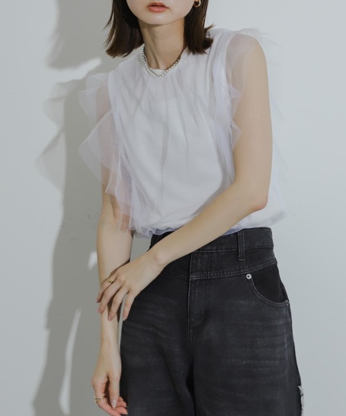 HEYUMM（ヘユム）の「チュールドッキングノースリーブトップ（その他トップス・レディース・オフホワイト/ブラック/ブラウン・ONE）」の5枚目の写真