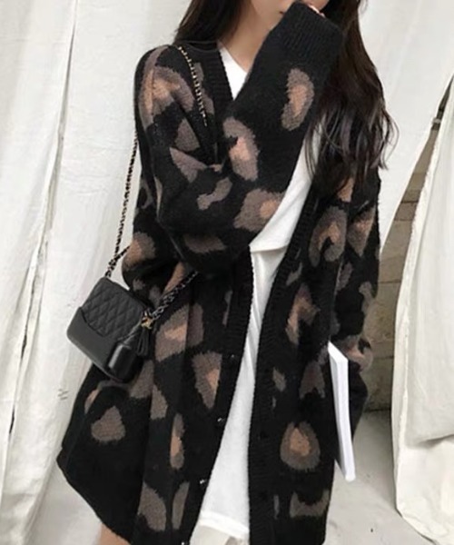 【未使用】ブルマリン　襟フリル長袖ロングカーディガン　ヒョウ柄　ストレッチ セール】ヒョウ柄 カーディガン（カーディガン/ボレロ）｜GEMEDA