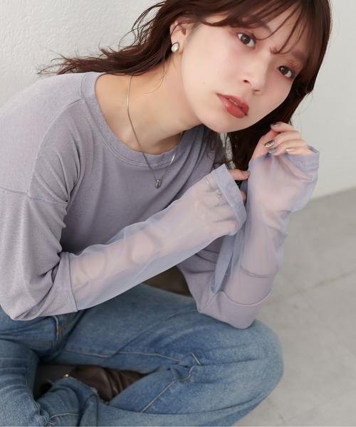 natural couture（ナチュラルクチュール）の「袖チュール切替カットプルオーバー（Tシャツ/カットソー・レディース・ミント/ピンク/サックスブルー/ブラック/オフホワイト・FREE）」の4枚目の写真