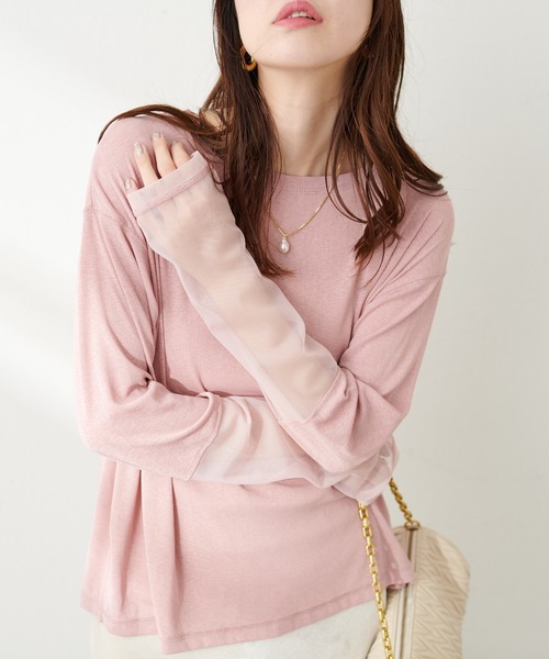 natural couture（ナチュラルクチュール）の「袖チュール切替カットプルオーバー（Tシャツ/カットソー・レディース・ミント/ピンク/サックスブルー/ブラック/オフホワイト・FREE）」の5枚目の写真