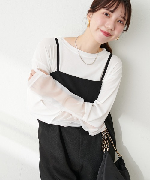 natural couture（ナチュラルクチュール）の「袖チュール切替カットプルオーバー（Tシャツ/カットソー・レディース・ミント/ピンク/サックスブルー/ブラック/オフホワイト・FREE）」の6枚目の写真