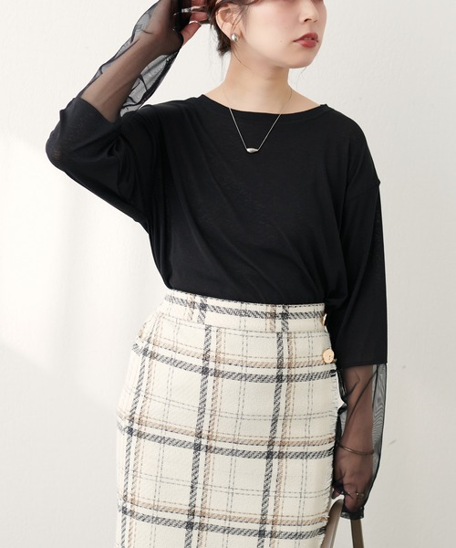 natural couture（ナチュラルクチュール）の「袖チュール切替カットプルオーバー（Tシャツ/カットソー・レディース・ミント/ピンク/サックスブルー/ブラック/オフホワイト・FREE）」の12枚目の写真