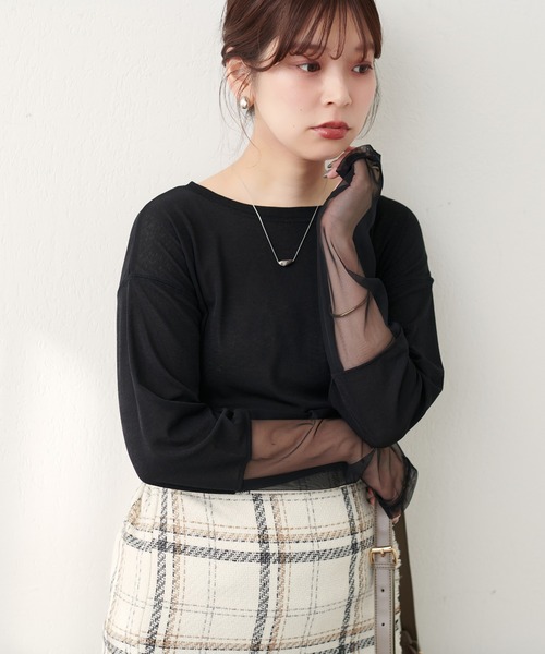 natural couture（ナチュラルクチュール）の「袖チュール切替カットプルオーバー（Tシャツ/カットソー・レディース・ミント/ピンク/サックスブルー/ブラック/オフホワイト・FREE）」の14枚目の写真