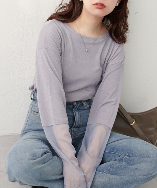 natural couture（ナチュラルクチュール）の「袖チュール切替カットプルオーバー（Tシャツ/カットソー・レディース・ミント/ピンク/サックスブルー/ブラック/オフホワイト・FREE）」の21枚目の写真