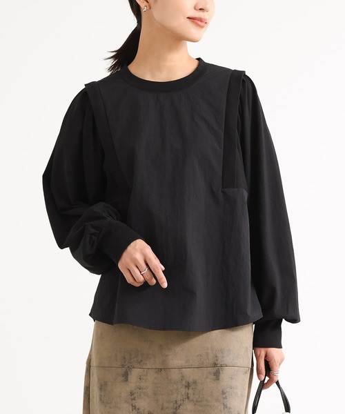 n'OrLABEL(ノアールレーベル)の「ナイロン異素材カットソー(Tシャツ/カットソー・レディース・グレイッシュベージュ/ブラック/カーキ・2/1)」の1枚目の写真