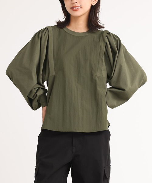 n'OrLABEL(ノアールレーベル)の「ナイロン異素材カットソー(Tシャツ/カットソー・レディース・グレイッシュベージュ/ブラック/カーキ・2/1)」の19枚目の写真
