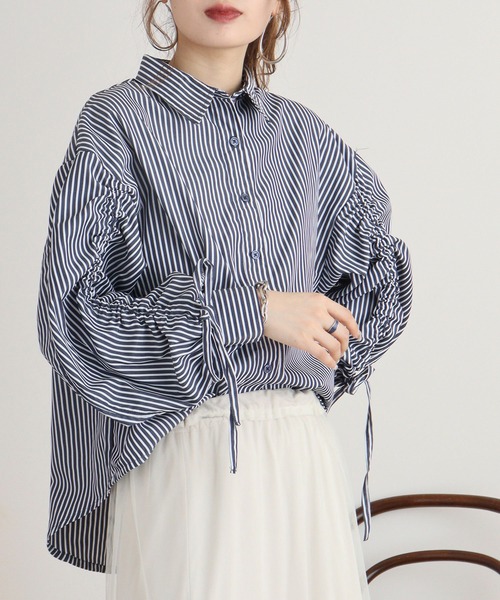 mitis(ミティス)の「mitis ドロストシャーリング袖シャツ(シャツ/ブラウス・レディース・チャコール/ネイビー×ホワイト/アイボリー・M)」の14枚目の写真