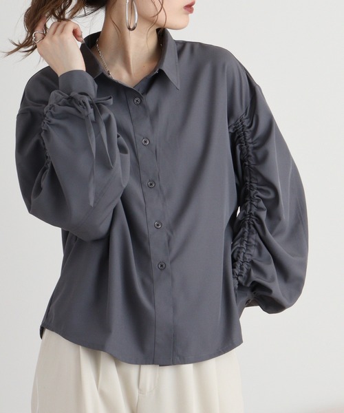 mitis(ミティス)の「mitis ドロストシャーリング袖シャツ(シャツ/ブラウス・レディース・チャコール/ネイビー×ホワイト/アイボリー・M)」の22枚目の写真