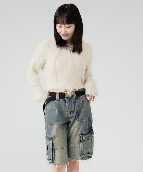 Chick（チック）の「Shaggy Zip Parka / ケーブル編み風 ダブルジップシャギーパーカー（パーカー・レディース・ブラック/ベージュ/グレー/ホワイト・FREE）」の17枚目の写真