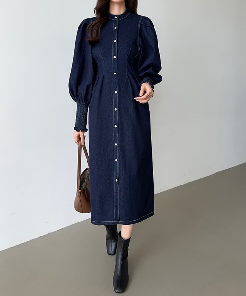 【セール】デニムワンピース ボリューム袖 長袖 デニム シャツワンピース（ワンピース）｜COCOMOMO（ココモモ）