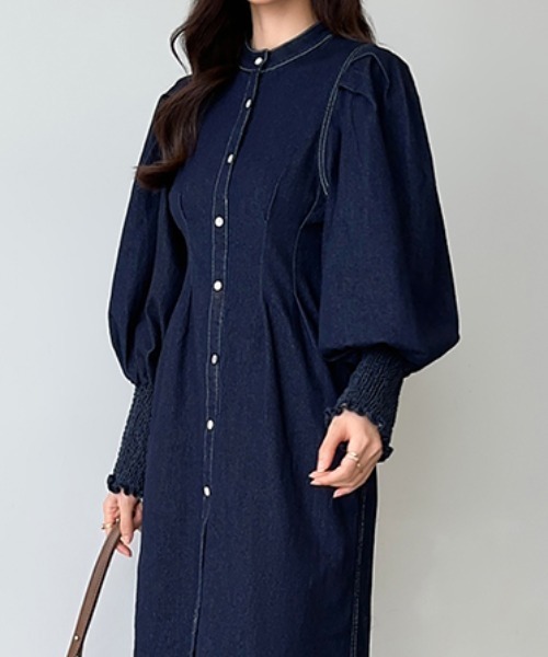 【セール】デニムワンピース ボリューム袖 長袖 デニム シャツワンピース（ワンピース）｜COCOMOMO（ココモモ）