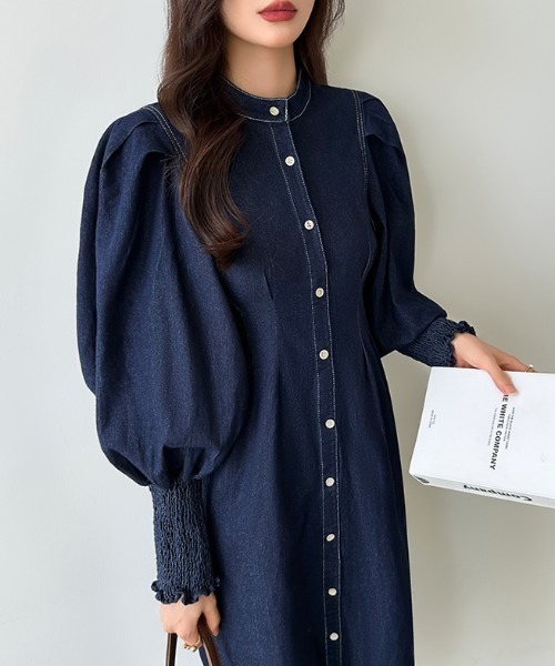 【セール】デニムワンピース ボリューム袖 長袖 デニム シャツワンピース（ワンピース）｜COCOMOMO（ココモモ）
