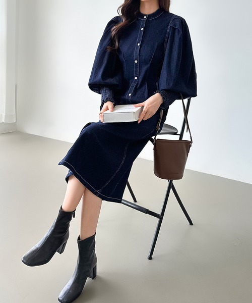 【セール】デニムワンピース ボリューム袖 長袖 デニム シャツワンピース（ワンピース）｜COCOMOMO（ココモモ）