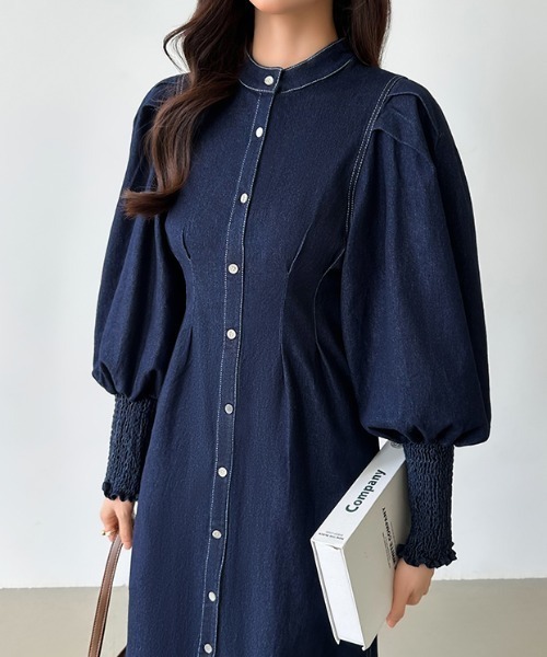 【セール】デニムワンピース ボリューム袖 長袖 デニム シャツワンピース（ワンピース）｜COCOMOMO（ココモモ）