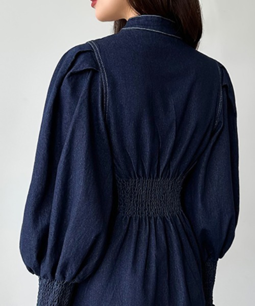 【セール】デニムワンピース ボリューム袖 長袖 デニム シャツワンピース（ワンピース）｜COCOMOMO（ココモモ）