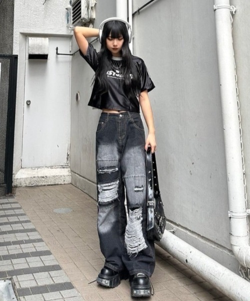 PEOPLESTYLE ダメージ バギーデニム セール】ダメージバギーデニムパンツ（デニムパンツ）｜mushwear