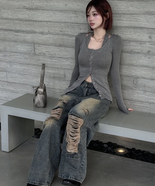 KsG（ケーエスジー）の「ダメージバギーデニムパンツ（デニムパンツ・レディース・ブルー/ブラック・SMALL/MEDIUM/LARGE/X-LARGE）」の7枚目の写真