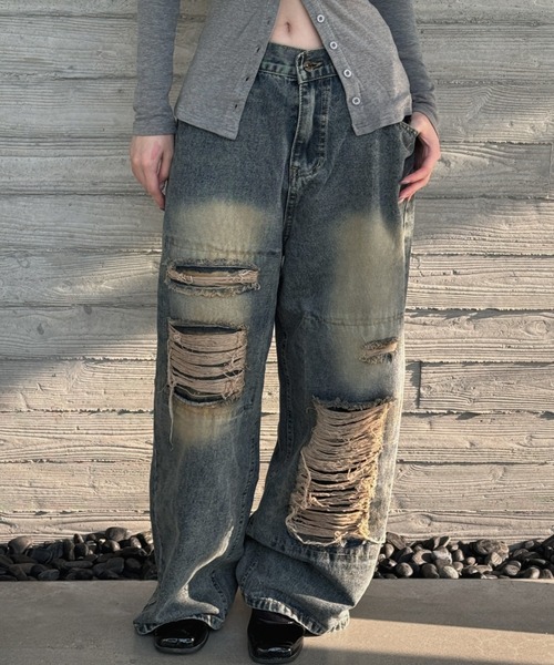 KsG（ケーエスジー）の「ダメージバギーデニムパンツ（デニムパンツ・レディース・ブルー/ブラック・SMALL/MEDIUM/LARGE/X-LARGE）」の3枚目の写真