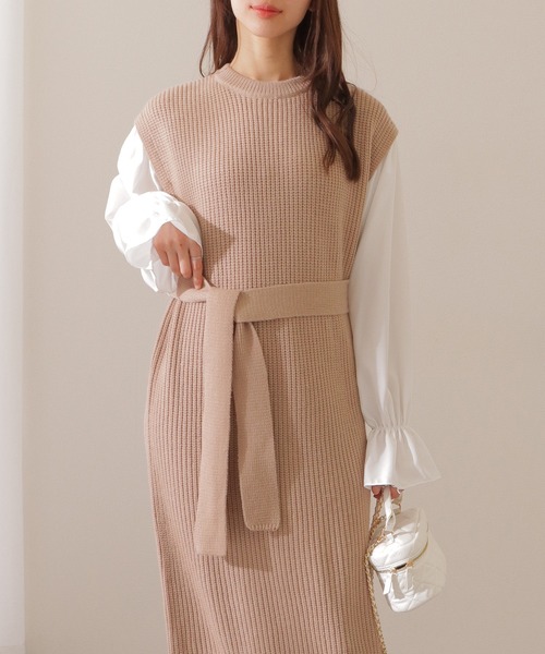 Lace Ladies(レースレディース)の「ベルト付き キャンディ袖 ドッキング ニット ワンピース(ワンピース・レディース・ブラウン/ブラック/ベージュ・FREE/S)」の3枚目の写真