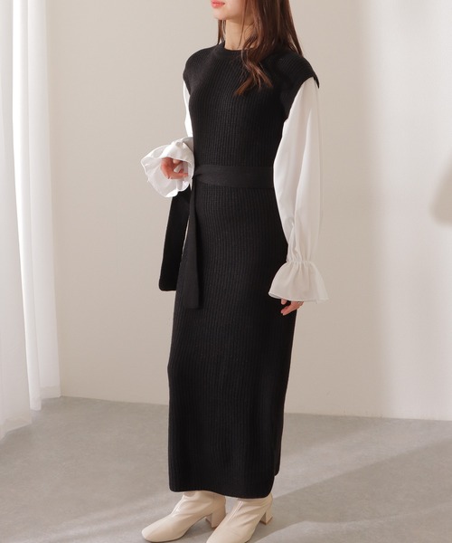 Lace Ladies(レースレディース)の「ベルト付き キャンディ袖 ドッキング ニット ワンピース(ワンピース・レディース・ブラウン/ブラック/ベージュ・FREE/S)」の1枚目の写真