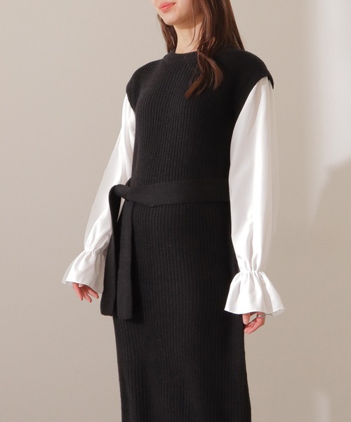 Lace Ladies(レースレディース)の「ベルト付き キャンディ袖 ドッキング ニット ワンピース(ワンピース・レディース・ブラウン/ブラック/ベージュ・FREE/S)」の5枚目の写真