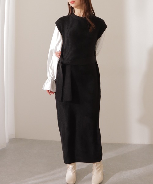 Lace Ladies(レースレディース)の「ベルト付き キャンディ袖 ドッキング ニット ワンピース(ワンピース・レディース・ブラウン/ブラック/ベージュ・FREE/S)」の6枚目の写真