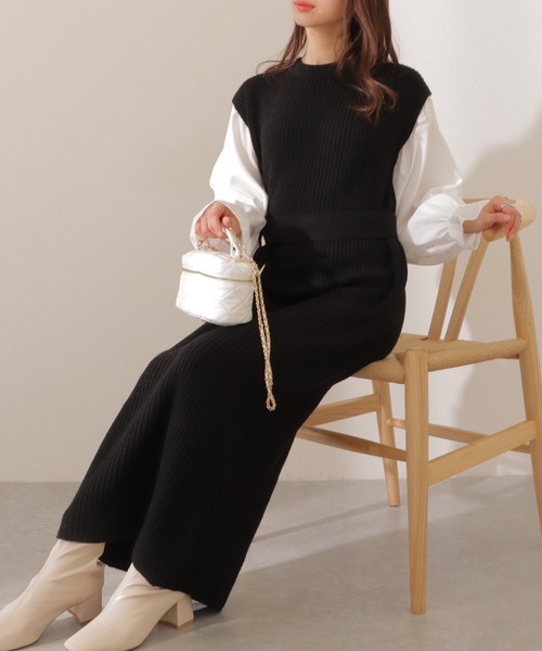 Lace Ladies(レースレディース)の「ベルト付き キャンディ袖 ドッキング ニット ワンピース(ワンピース・レディース・ブラウン/ブラック/ベージュ・FREE/S)」の8枚目の写真