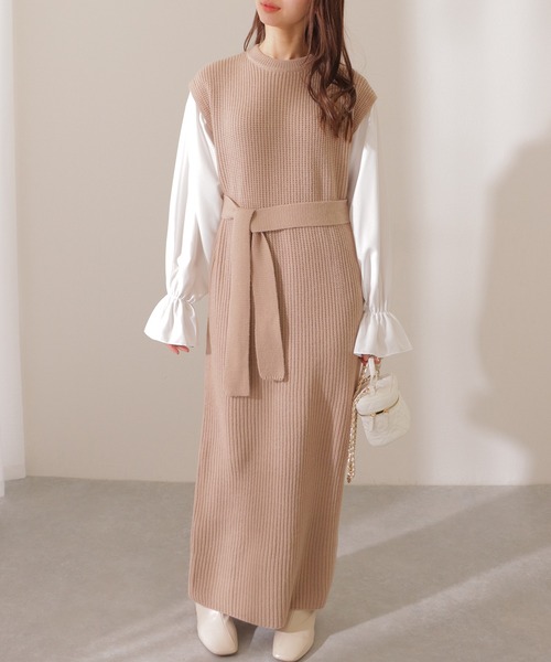 Lace Ladies(レースレディース)の「ベルト付き キャンディ袖 ドッキング ニット ワンピース(ワンピース・レディース・ブラウン/ブラック/ベージュ・FREE/S)」の9枚目の写真