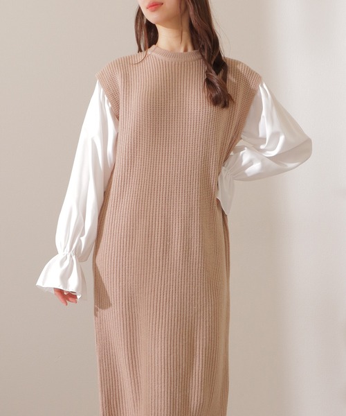 Lace Ladies(レースレディース)の「ベルト付き キャンディ袖 ドッキング ニット ワンピース(ワンピース・レディース・ブラウン/ブラック/ベージュ・FREE/S)」の11枚目の写真