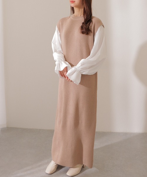 Lace Ladies(レースレディース)の「ベルト付き キャンディ袖 ドッキング ニット ワンピース(ワンピース・レディース・ブラウン/ブラック/ベージュ・FREE/S)」の12枚目の写真