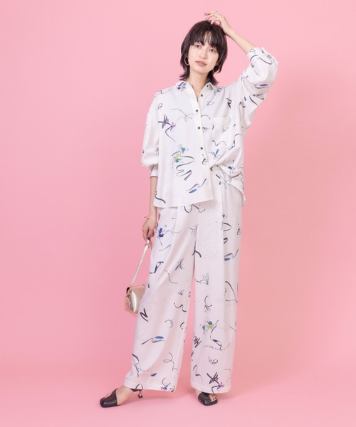 Veritecoeur フラワープリント リブタック パンツ 花柄 リボン