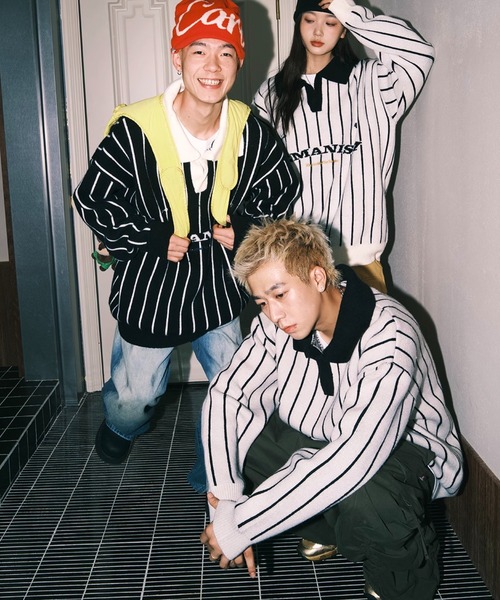 WESTBOY（ウエストボーイ）の「オーバーサイズ ストライプ ポロセーター WO25S2TP02【WB ORIGINALS】（ニット/セーター・メンズ・グレー/ブラック・XL/L/M）」の4枚目の写真