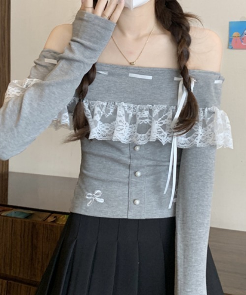 セール】オフショルフリルレース リボンデザイン トップス（Tシャツ  