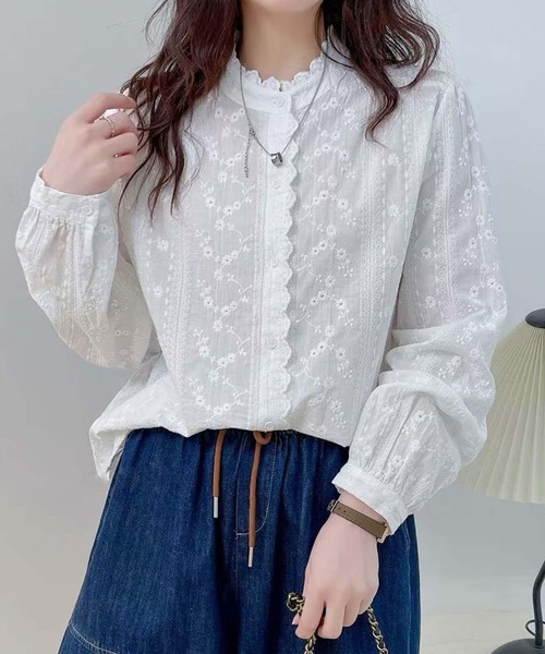 aimoha(アイモハ)の「フリル襟レース花柄刺繍シャツ(シャツ/ブラウス・レディース・ホワイト/ライトベージュ・FREE)」の1枚目の写真