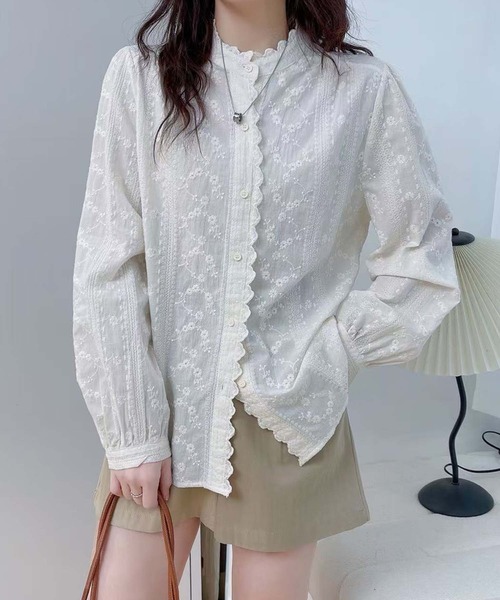 aimoha(アイモハ)の「フリル襟レース花柄刺繍シャツ(シャツ/ブラウス・レディース・ホワイト/ライトベージュ・FREE)」の8枚目の写真