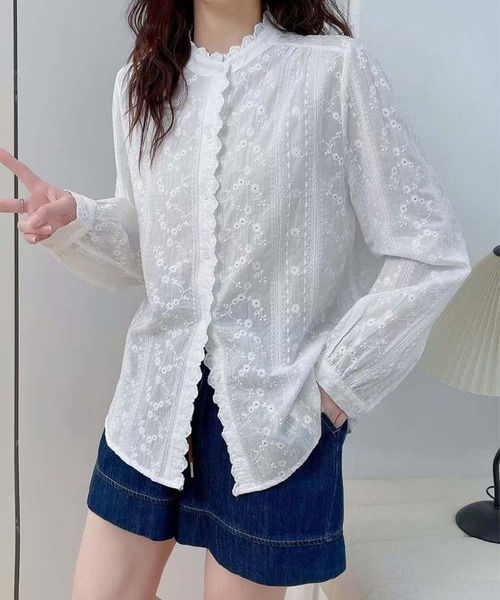 aimoha(アイモハ)の「フリル襟レース花柄刺繍シャツ(シャツ/ブラウス・レディース・ホワイト/ライトベージュ・FREE)」の6枚目の写真