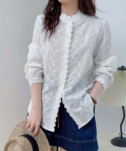 aimoha(アイモハ)の「フリル襟レース花柄刺繍シャツ(シャツ/ブラウス・レディース・ホワイト/ライトベージュ・FREE)」の5枚目の写真