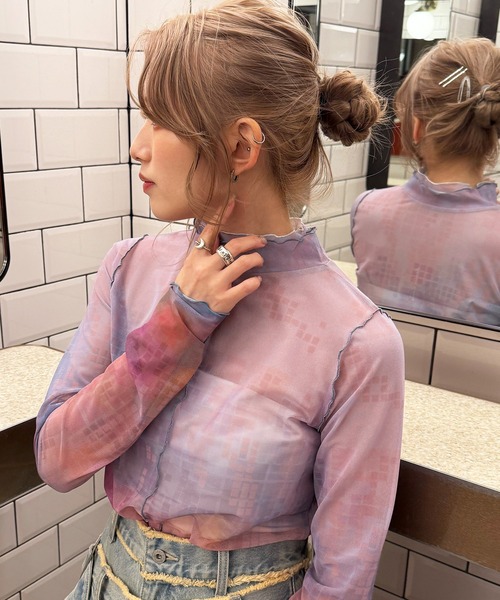 DOUBLE NAME(ダブルネーム)の「オリジナルFLOWERプリントシアートップス(Tシャツ/カットソー・レディース・グリーン/パープル・FREE)」の3枚目の写真