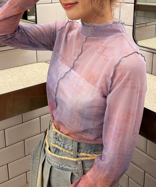 DOUBLE NAME(ダブルネーム)の「オリジナルFLOWERプリントシアートップス(Tシャツ/カットソー・レディース・グリーン/パープル・FREE)」の5枚目の写真