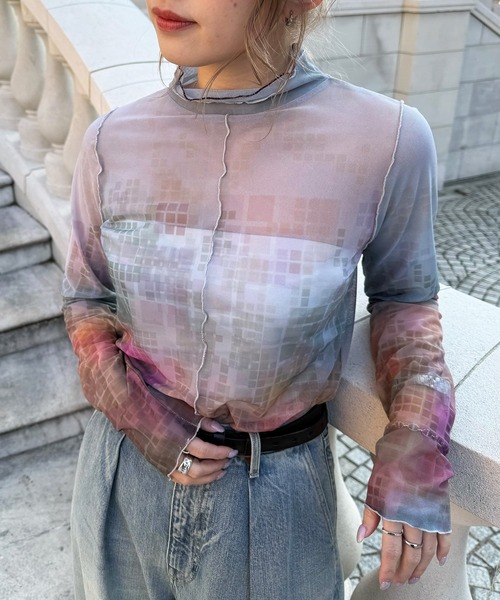 DOUBLE NAME(ダブルネーム)の「オリジナルFLOWERプリントシアートップス(Tシャツ/カットソー・レディース・グリーン/パープル・FREE)」の12枚目の写真