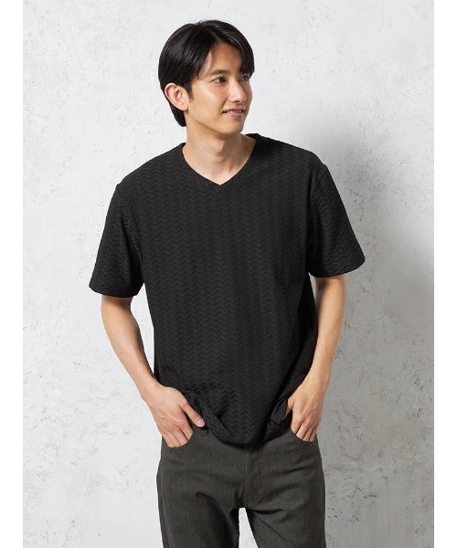 HARUYAMA（ハルヤマ）の「【RUCKEN BACCHAR】半袖 Ｖネックシャツ Tシャツ ヘリンボーン柄 カジュアルインナー（Tシャツ/カットソー・メンズ・ブラック/チャコールグレー/ホワイト・LL/M/L）」の3枚目の写真