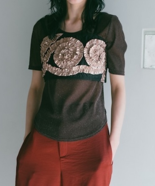 sahara(サハラ)の「Glitter Half Sleeve Top/グリッターハーフスリーブトップ(Tシャツ/カットソー・レディース・ブラック/アイボリー/ブラウン・FREE)」の3枚目の写真