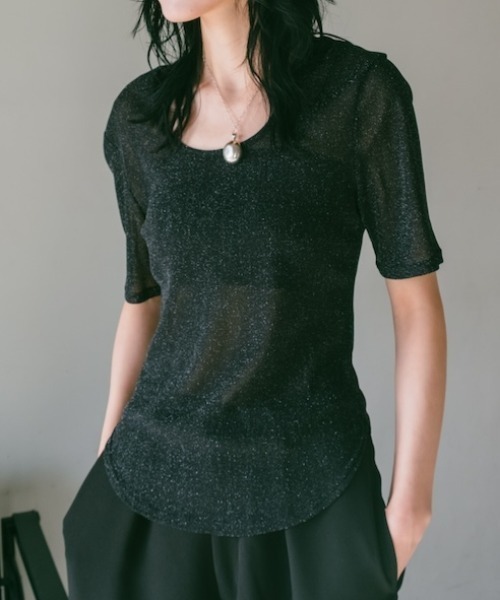 sahara(サハラ)の「Glitter Half Sleeve Top/グリッターハーフスリーブトップ(Tシャツ/カットソー・レディース・ブラック/アイボリー/ブラウン・FREE)」の2枚目の写真