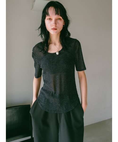 sahara(サハラ)の「Glitter Half Sleeve Top/グリッターハーフスリーブトップ(Tシャツ/カットソー・レディース・ブラック/アイボリー/ブラウン・FREE)」の5枚目の写真