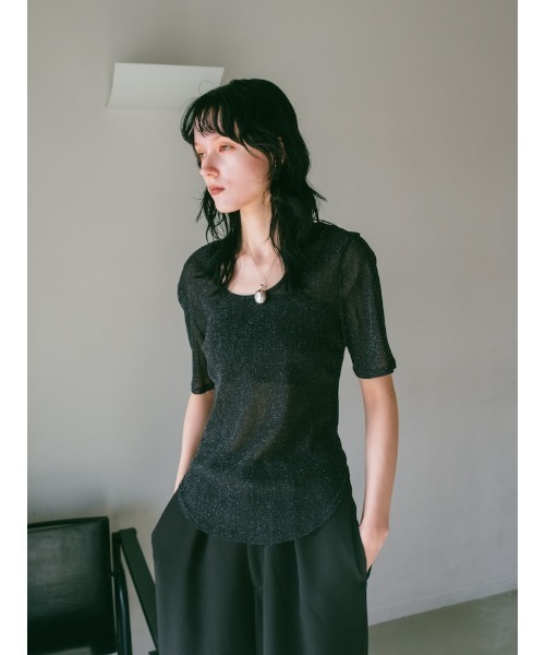 sahara(サハラ)の「Glitter Half Sleeve Top/グリッターハーフスリーブトップ(Tシャツ/カットソー・レディース・ブラック/アイボリー/ブラウン・FREE)」の6枚目の写真