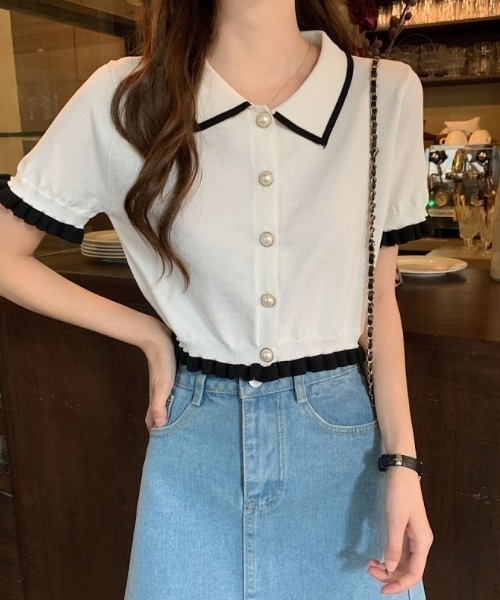 deux amour（ドゥーザムール）の「配色ライン入り襟付き前ボタンニットカーデ（カーディガン/ボレロ・レディース・ホワイト/ブラック・FREE）」の3枚目の写真