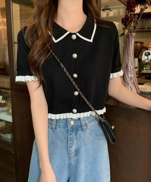 deux amour（ドゥーザムール）の「配色ライン入り襟付き前ボタンニットカーデ（カーディガン/ボレロ・レディース・ホワイト/ブラック・FREE）」の7枚目の写真