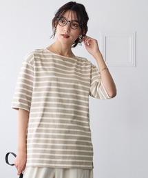 大きいサイズ　綿１００％素材のルーズシルエット５分袖ボーダーやわらかバスクＴシャツ