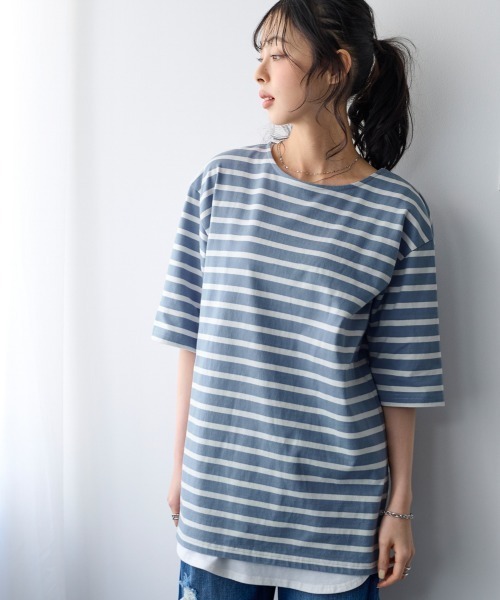 SMILE LAND(スマイルランド)の「大きいサイズ 綿100%素材のルーズシルエット5分袖ボーダーやわらかバスクTシャツ(Tシャツ/カットソー・レディース・ネイビー系/ベージュ系/ピンク系/ブルー系/イエロー系・L/LL/3L/4L/5L)」の3枚目の写真